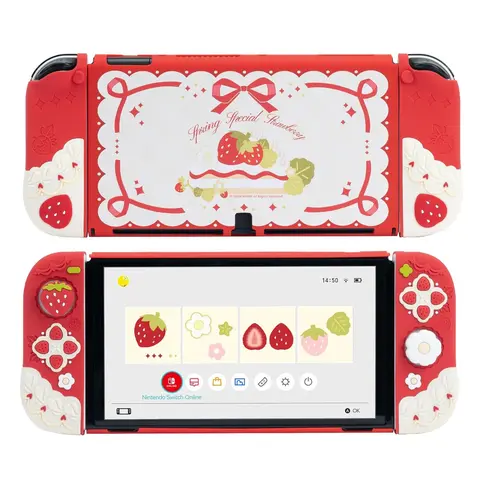 GeekShare Anti-Slip Separable Soft Silicone Case for Switch Slim - Ergonomic Durable Video Game Console Protector, Hard PC Joystick Covers, 2 Thumb Grip Caps (Strawberries with Cream) for Aesthetic Appeal, Protection & Reduced Hand Fatigue