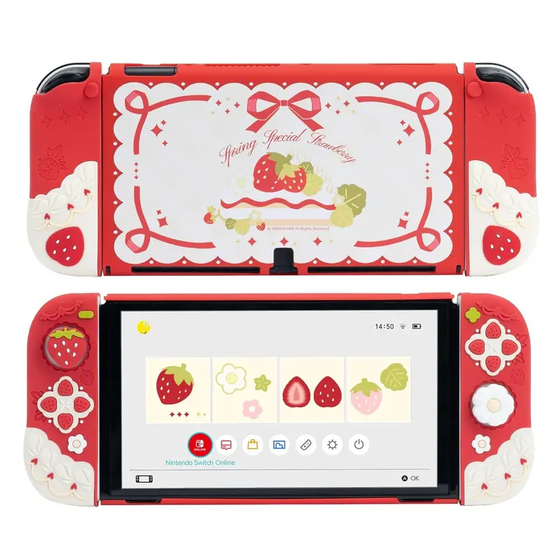 GeekShare Anti-Slip Separable Soft Silicone Case for Switch Slim - Ergonomic Durable Video Game Console Protector, Hard PC Joystick Covers, 2 Thumb Grip Caps (Strawberries with Cream) for Aesthetic Appeal, Protection & Reduced Hand Fatigue
