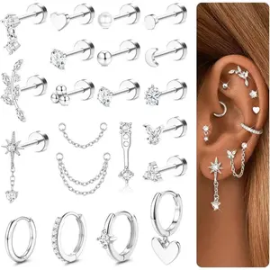 16 20 Gauge Cartilage Earrings for Women Flat Back Hypoallergenic Surgical Steel Small Flatback Stud Hoop Cartilage Earring Stack Set Daith Conch Tragus Helix Piercing Jewelry 15-21Pcs