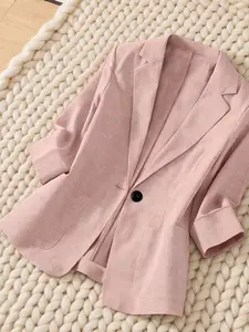 A women's Formal plain lapel single-breasted one-button mid-sleeve double-pocket Work Office suit jacket, suitable for spring and autumn seasons suitable for office and daily wear.