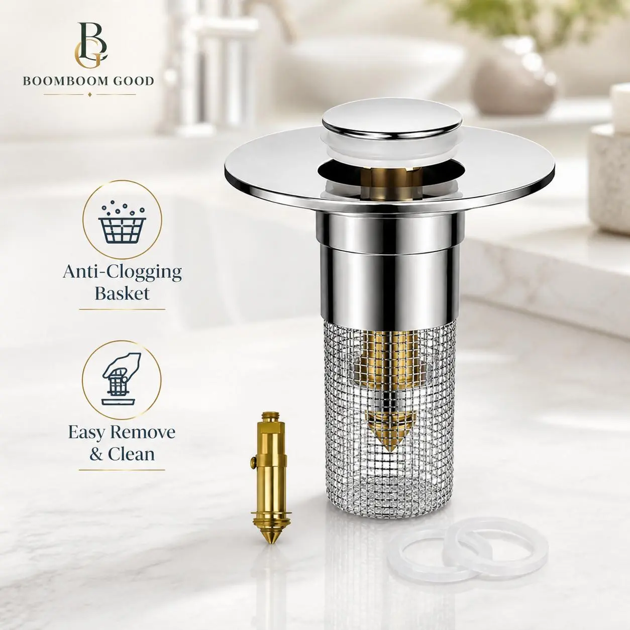 Universal Pop-Up Sink Drain Stopper with Stainless Steel Filter Basket Anti-Clog Debris Catcher Easy Install for Bathroom Kitchen