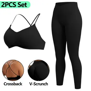 RICH BRIA Women's Seamless Cross-Strap Sports Bra & Cross-Waist Workout Leggings Set with V-Scrunch & Crossback Design for Yoga Fitness Breathable Comfortable Two-Piece Sports Set