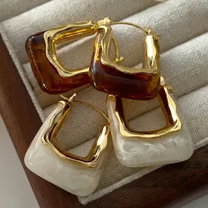 {New-Deal} 4Pcs Women's acrylic hoop earrings, 14k gold plated, chunky hoop earrings, vintage, geometric resin, fashion jewelry, gifts