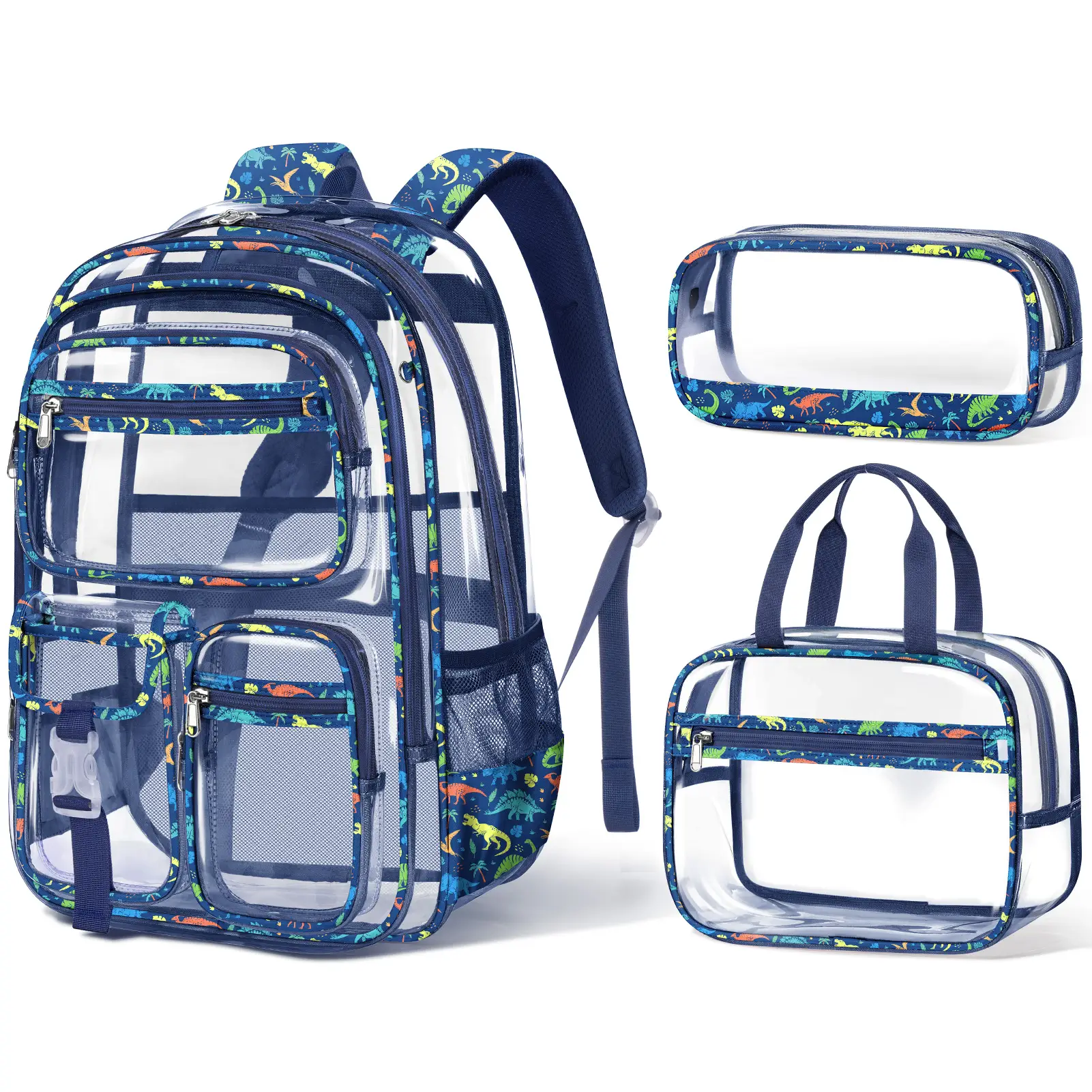Fimibuke Waterproof Clear Backpack 3PCS Set with Lunch Box & Pencil Case – Lightweight School Backpack Stadium Approved for Elementary, Middle & High