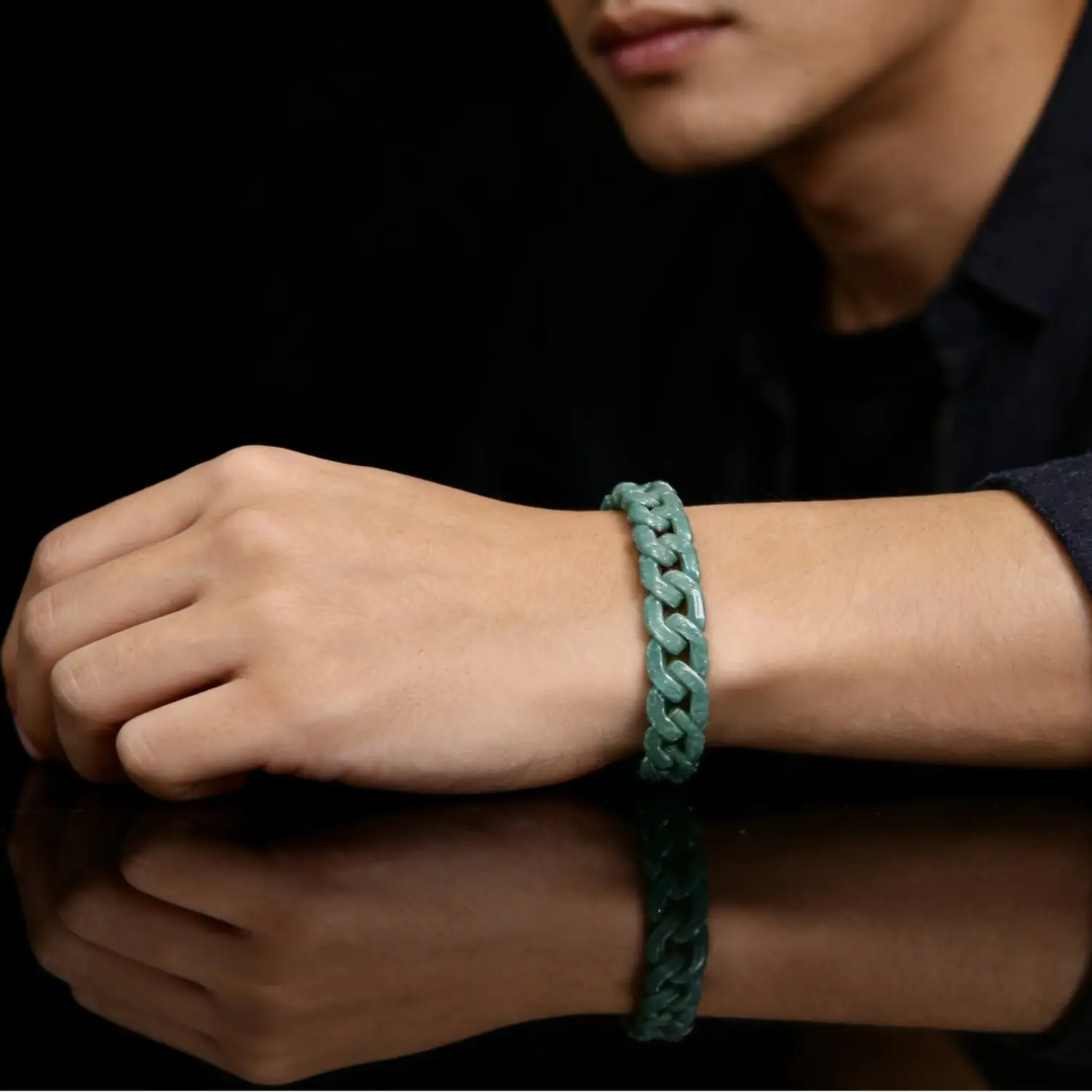 Natural A-grade Jadeite Bean Green Cuban Chain 7.5in  Bracelet Jade Titanium Steel Hip-hop Style Personality Unisex Trendy Jewelry