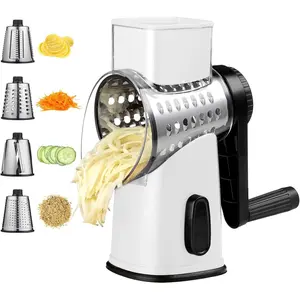 Rotary Cheese Graters with 4 , Hand Crank Cheese Grater with Waffle Slicer, Red, Black and White Cheese Shredder with Suction Base, Easier for Shredding & Grating (White)