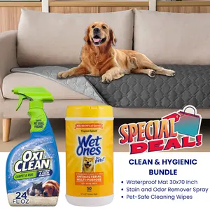 Clean & Hygienic Bundle Pack for Pets: 100% Double-Sided Waterproof Dog Bed Cover 30x70 inch , Carpet and Rug Cleaner Spray 24 oz and Pet-Safe Multi-Purpose Dog Wipes 50 Ct
