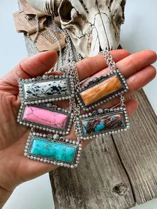 Western Semi Stone Bar Necklace - with Rhinestone edge: TURQUOISE/ BROWN