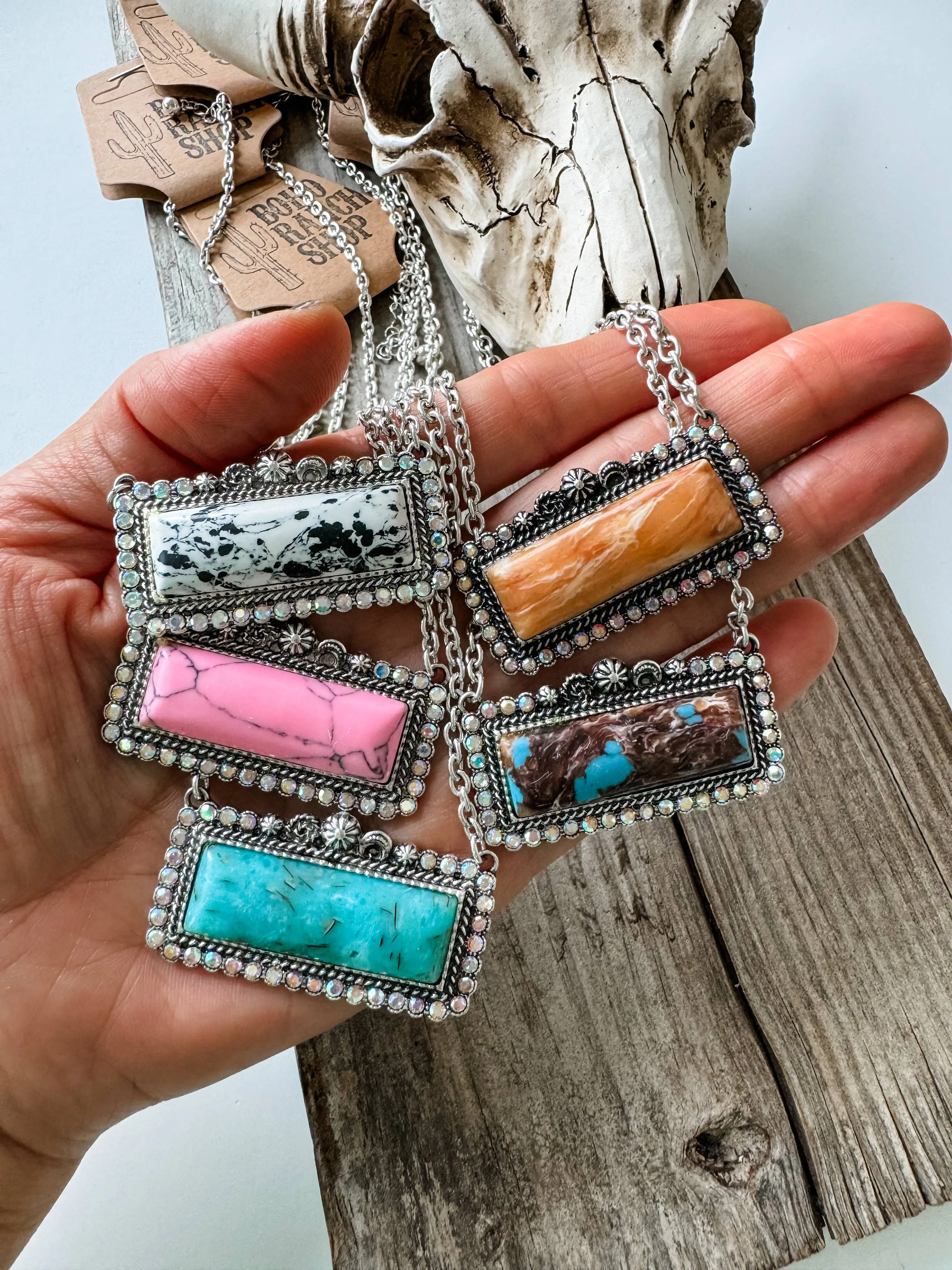 Western Semi Stone Bar Necklace - with Rhinestone edge: ORANGE