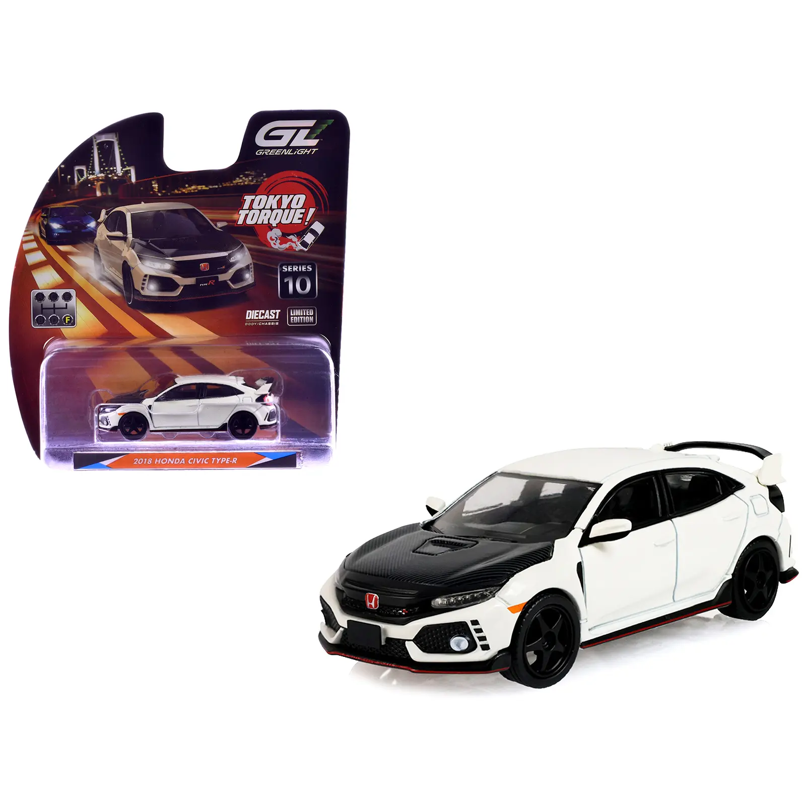 2018 Honda Civic Type-R (FK8) RHD Championship White with Carbon Hood "Tokyo Torque" 1/64 Diecast Model Car by Greenlight