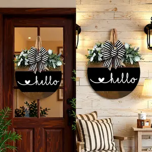 Classic Hello Sign Door Wreath, Wooden Floral Decor with Striped Bow, Flowers & Greenery, Easy Mount for Home & Restaurant Entrance, Door Hanging Sign