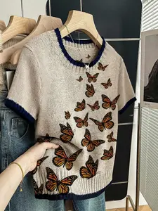 Women's Vintage Butterfly Print Knit Sweater T-Shirt, Round Neck Short Sleeve, Casual Breathable Design, All Seasons Wear, Knitwear