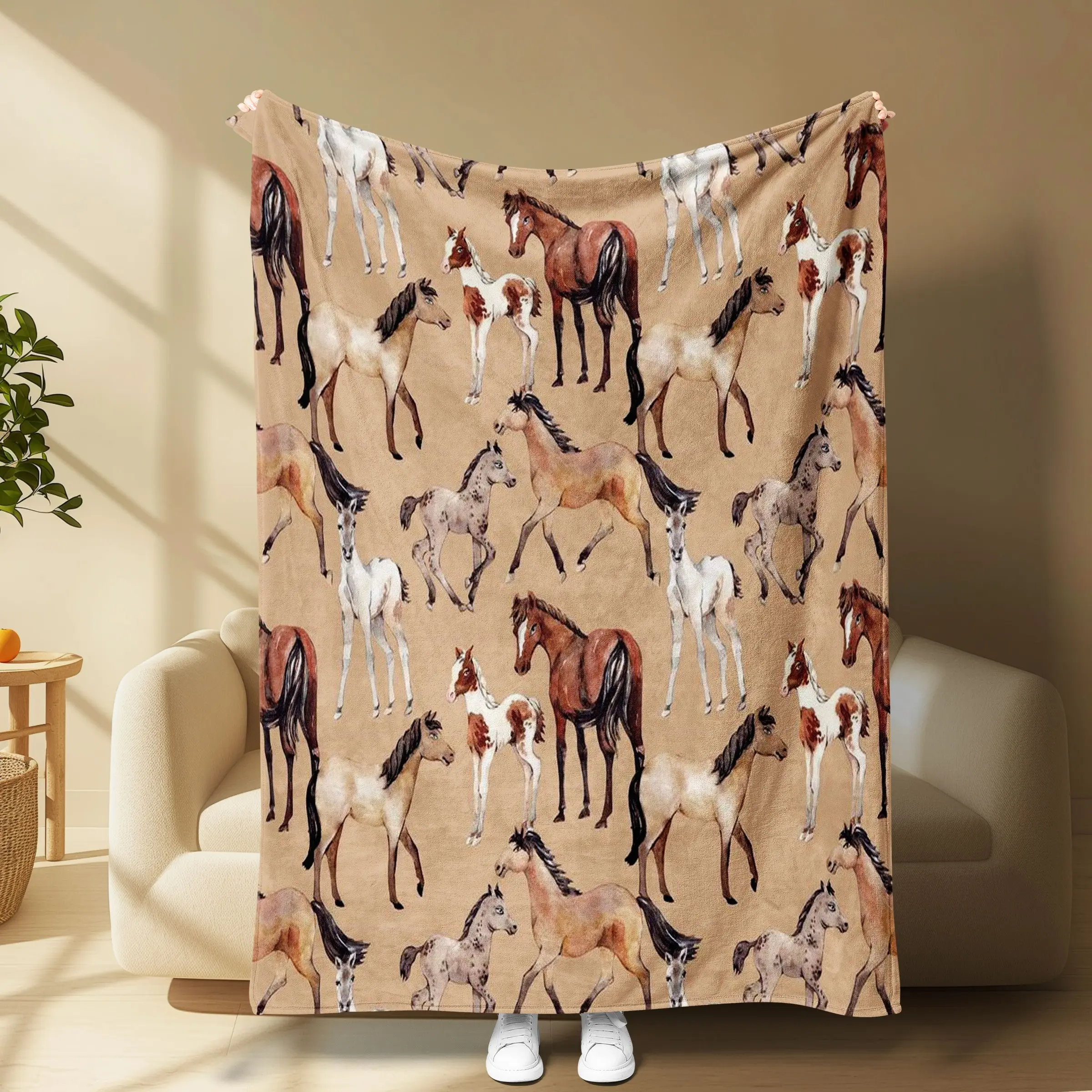 Watercolor Horse Herd Themed Blanket, Soft & Cozy, Hand-Painted Horse Patterns, Artistic & Healing, Couch Throw, Bedroom DecorThe ultimate collectible/gift for horse lovers, a gentle and stylish healing surprise for anyone who loves horse-themed decor.