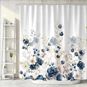 Floral Bath Curtain, Bohemian Watercolor Leaf Fabric Shower Curtain Set, with Hooks, 70.866 X 70.866 Inches, Bathroom Decor