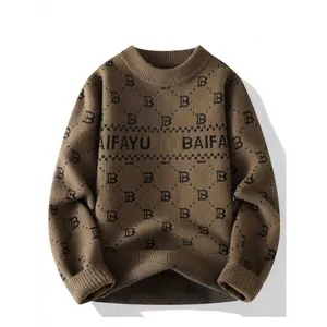 1pc SENMEIGUO Men'S Casual Crew Neck Sweater - Alphabet Jacquard Knit, Skinny Fit, Long Sleeve, Slight Stretch, 50% Acrylic 30% Polyester 20% Nylon, Fall/Winter Fashion Top