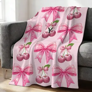 Pink Cherries and Bows Flannel Blanket, Sparkly Satin Blanket, Cozy Decorative Blanket for Home Decor, Camping Trips, or Office Warmth, Perfect Gift for Sweet Style Lovers!