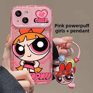 Powerpuff Girls Pendant Phone Case For iPhone 17 Pro Max 16 15 Plus 14 13 Pro Lens Flip Mirror Silicone Shockproof and Drop-Proof Protective Cover