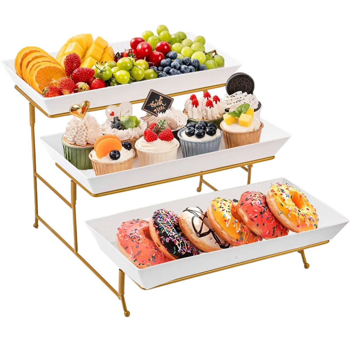 Sebastian CADIA Gold Metal 3-Tier Plastic Dessert Stand - 1pc Cupcake Display Stand, Snack Tray Organiser for Family Gathering, Wedding Kitchenware Tableware Shelf Racks, Cupcake Display Stands