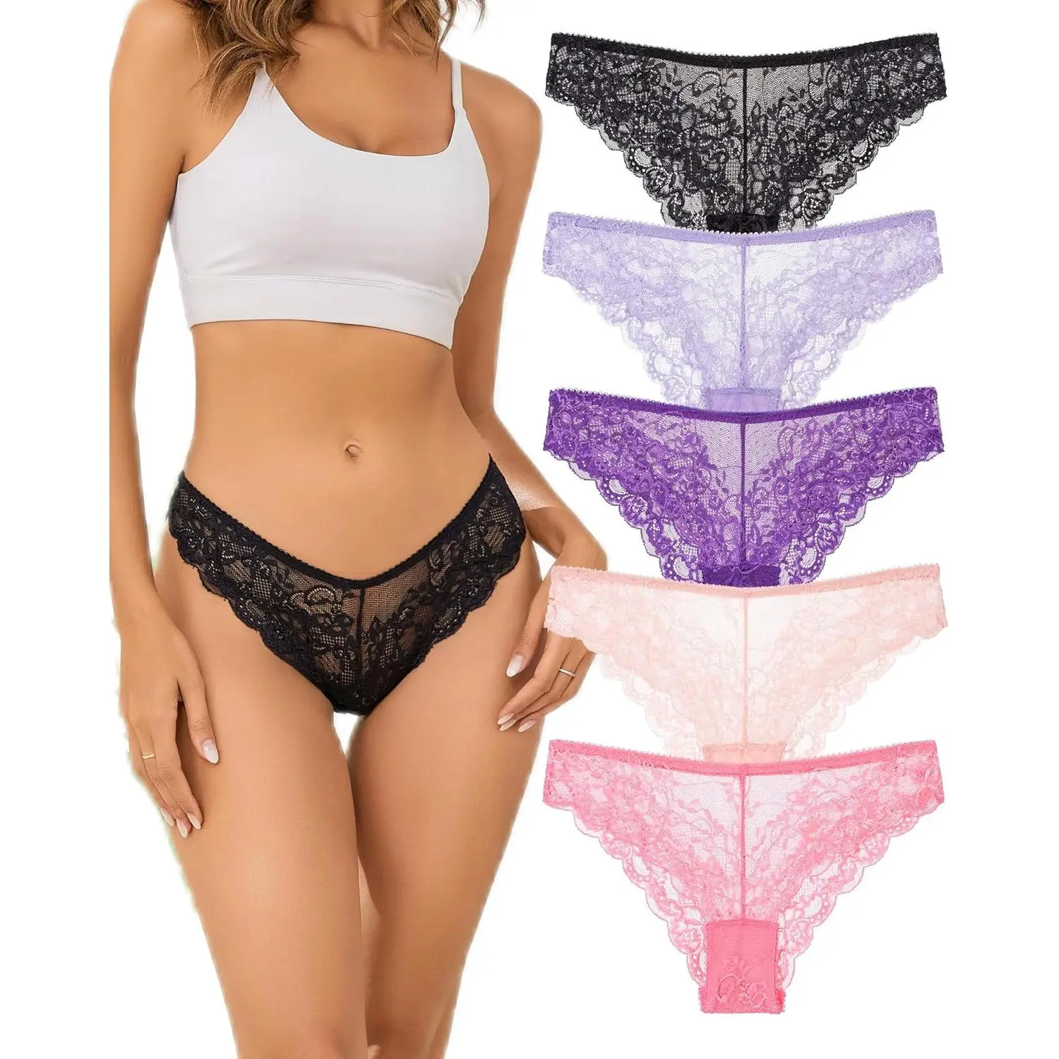 Women's 5-Pack Seamless Cheeky Panties for Ladies & Pretty Girls - Spandex Breathable Fabric, Thin, Wire-Free, Colorful Lace, Soft Stretchy No-Show Sexy Bikini Briefs, Nylon Blend