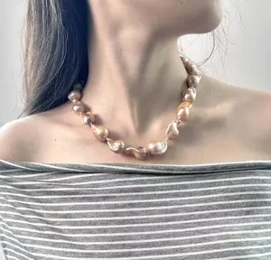 BQ001-Strong Luster S925 Clasp｜ Irregular Baroque Pearl Full Strand Necklace ｜Rare Orange Gold Red Color Pearl ｜For Gift to Family/Friend ｜Daily