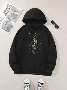 Women's Moon & Star Print Thermal Lined Hoodie, Fashion Casual Drawstring Pocket Hooded Sweatshirt for Daily Holiday Outdoor Wear, Women Clothing for Fall & Winter