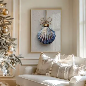 SALE!!! Coastal Christmas Seashell Ornament Painting - Beachy Holiday Wall Art, Trendy Winter Poster
