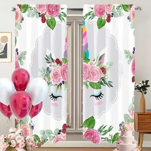 2-piece set of dreamy unicorn printed semi transparent pole bag curtains, suitable for living room, bedroom, and home decoration, hand washable, hook free