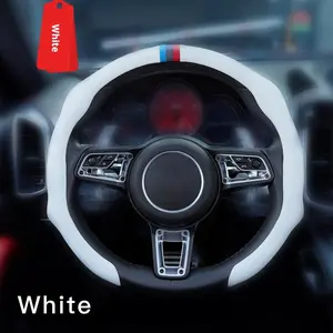 Napa Leather Steering Wheel Cover 3-Tone White Three-Color Spliced Design Quick Turn Non-Slip Ultra-Thin Breathable Universal Fit for All Cars Mocha Brown