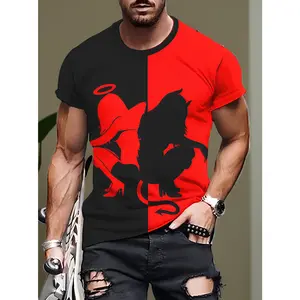 Men'S Black And Red Split Heart And Devil Pattern T-Shirt - Eye-Catching Color-Blocking Street Style Tee, Breathable Polyester Knit Fabric, Non-Transparent Round Neck Short Sleeves, Washable Summer Men'S Casual Top, Comfortable Street Style