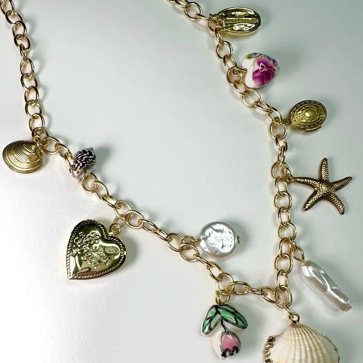 Charm Necklace with Seashells, Heart Locket, Starfish, Flowers and Pearls For Women - Gift for Her