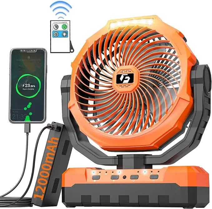 ChillGo 12000mAh/24000mAh ChillGo Camping Fan - 9-Inch Detachable Rechargeable Battery Operated Fan with Light & Hook for Tent, Outdoor - USB Table F
