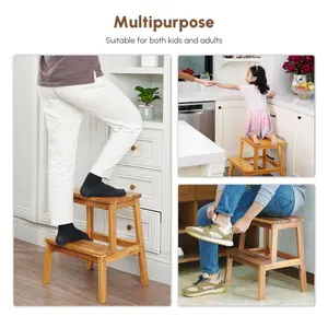 2-Step Wooden Stool, Solid Acacia Wood Step Stool for Adults and Kids, 17 Inches Tall, 350 lbs Capacity, Bathroom Bench, Kitchen or Closet Climbing Chair, Indoor and Outdoor Use, Easy Assembly