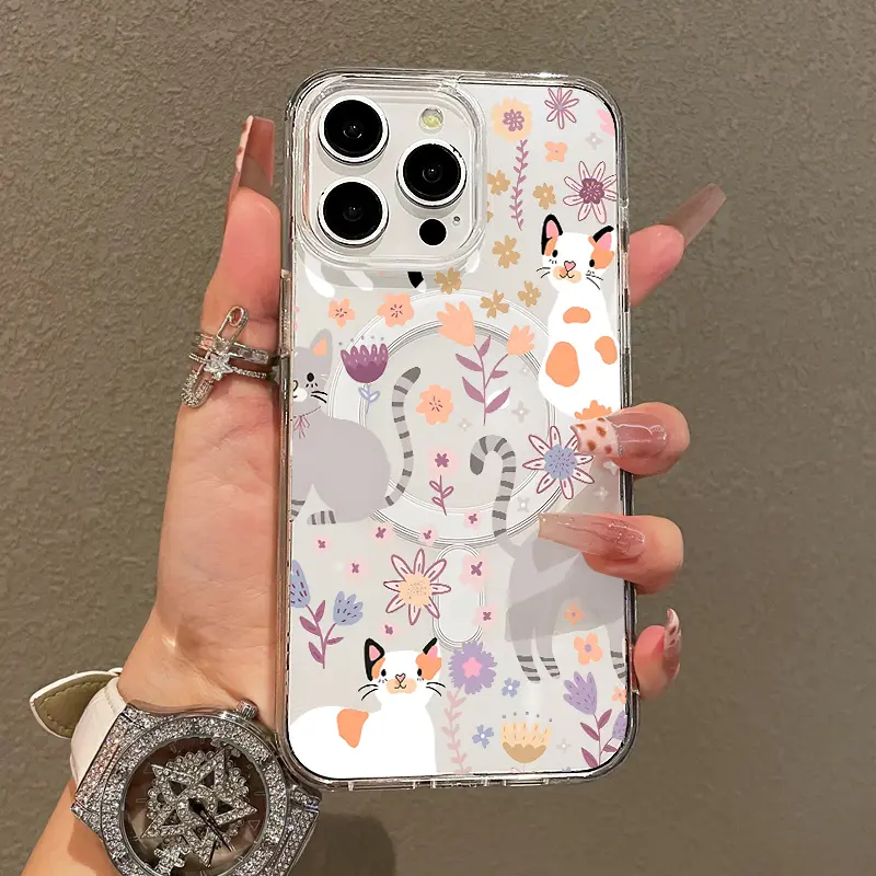 Soft Girl Magnetic Case for iPhone11/12/13/14/15/16/17/promax, Floral Cat Pattern Lightweight, Drop-Proof, MagSafe Compatible | Perfect for Teen Girls