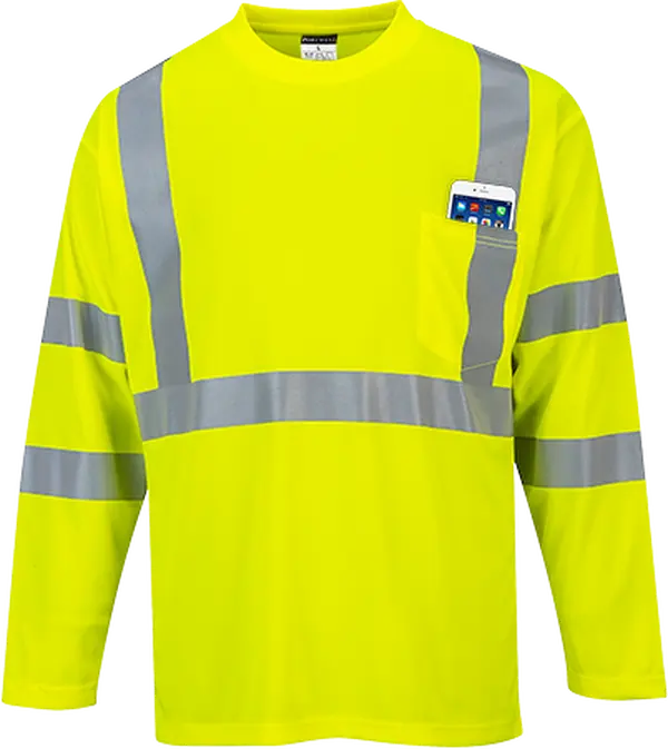 Portwest Men's High Vis Long Sleeve Crew Neck Polyester T-Shirt - Moisture-Wicking, Lightweight Workwear, Heat Seal Reflective Tape, 1 Pocket on Left Chest, UPF 50+, 6XL, Breathable Garment, CE Certified, Complies with EN ISO 20471