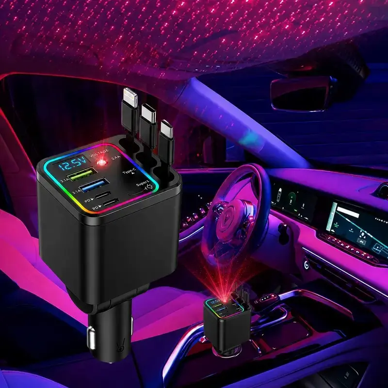 Ultimate Power Station for Phone, Pad & Laptop,Car Charger: Starry LED,Atmosphere Lamp,1-Click Galaxy Projector,Star Projector Tangle-Free Retractable Cables & Super Fast Charge,PD20W,USB-A 65W,All 120W Max,Power Hub,