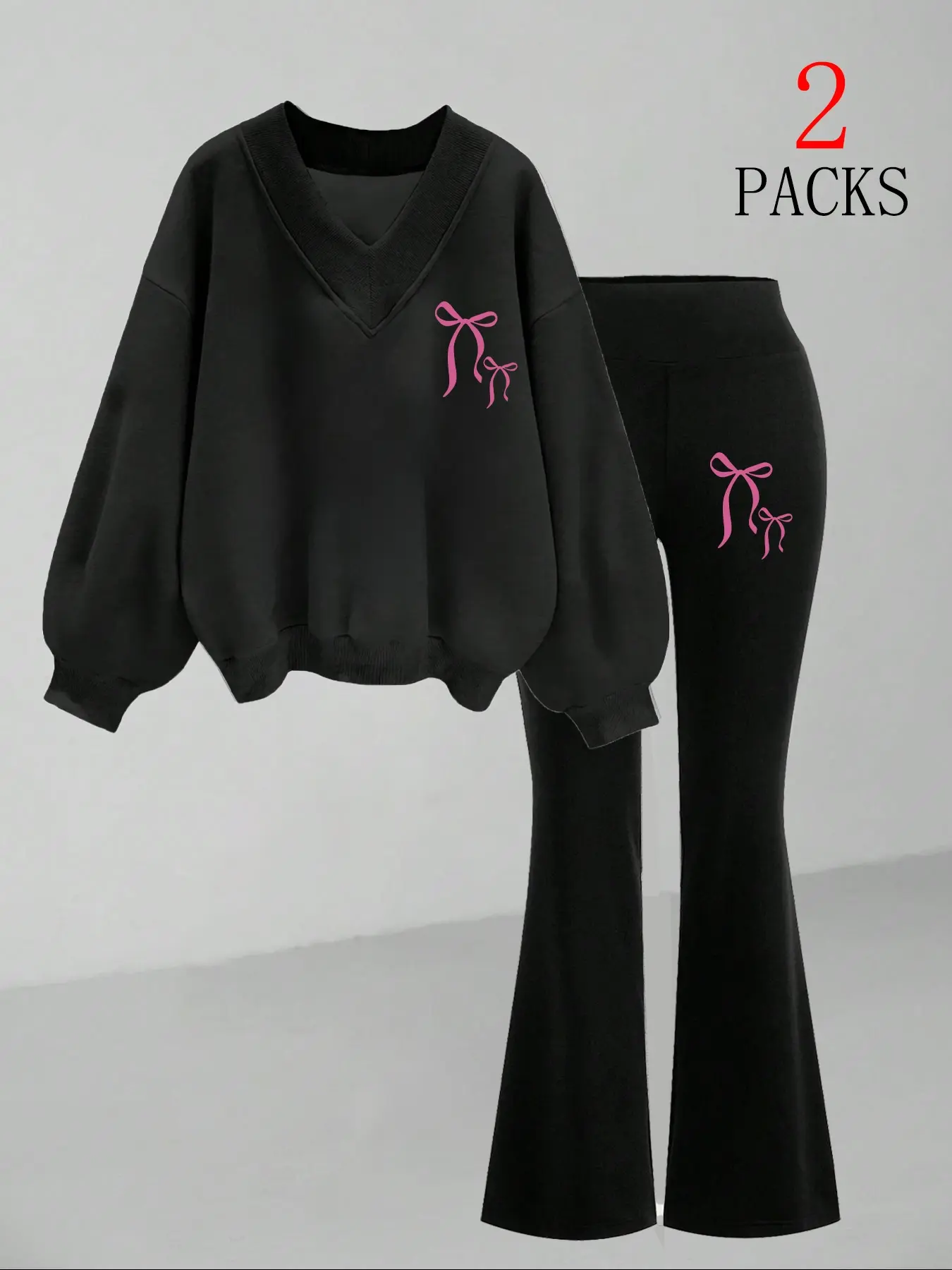 Women's Deep V Neck Warm Sweatshirt & Slim Flare Pants Set, Cute Bow Design, Comfortable Casual Sportswear for Fall Winter, Sweatsuit Matching Set