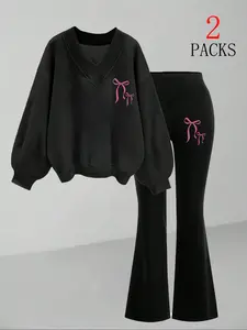 Women's Deep V Neck Warm Sweatshirt & Slim Flare Pants Set, Cute Bow Design, Comfortable Casual Sportswear for Fall Winter, Sweatsuit Matching Set