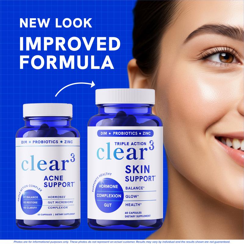 Clear-3 Skin Support by SM Nutrition - Dietary Supplement with Zinc DIM & Probiotics - 3-in-1 Balance & Support with Hyaluronic Acid & Skin Support Vitamins for Hormonal Gut Microbiome Health