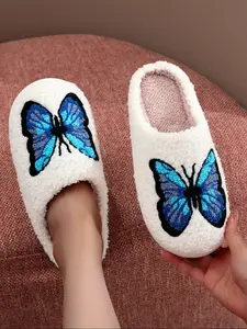 Women's Slip-On Shoes Blue Butterfly Embroidered Textile Upper Fall Winter Casual Soft Comfortable House Slippers Indoor Home Footwear Gift Idea