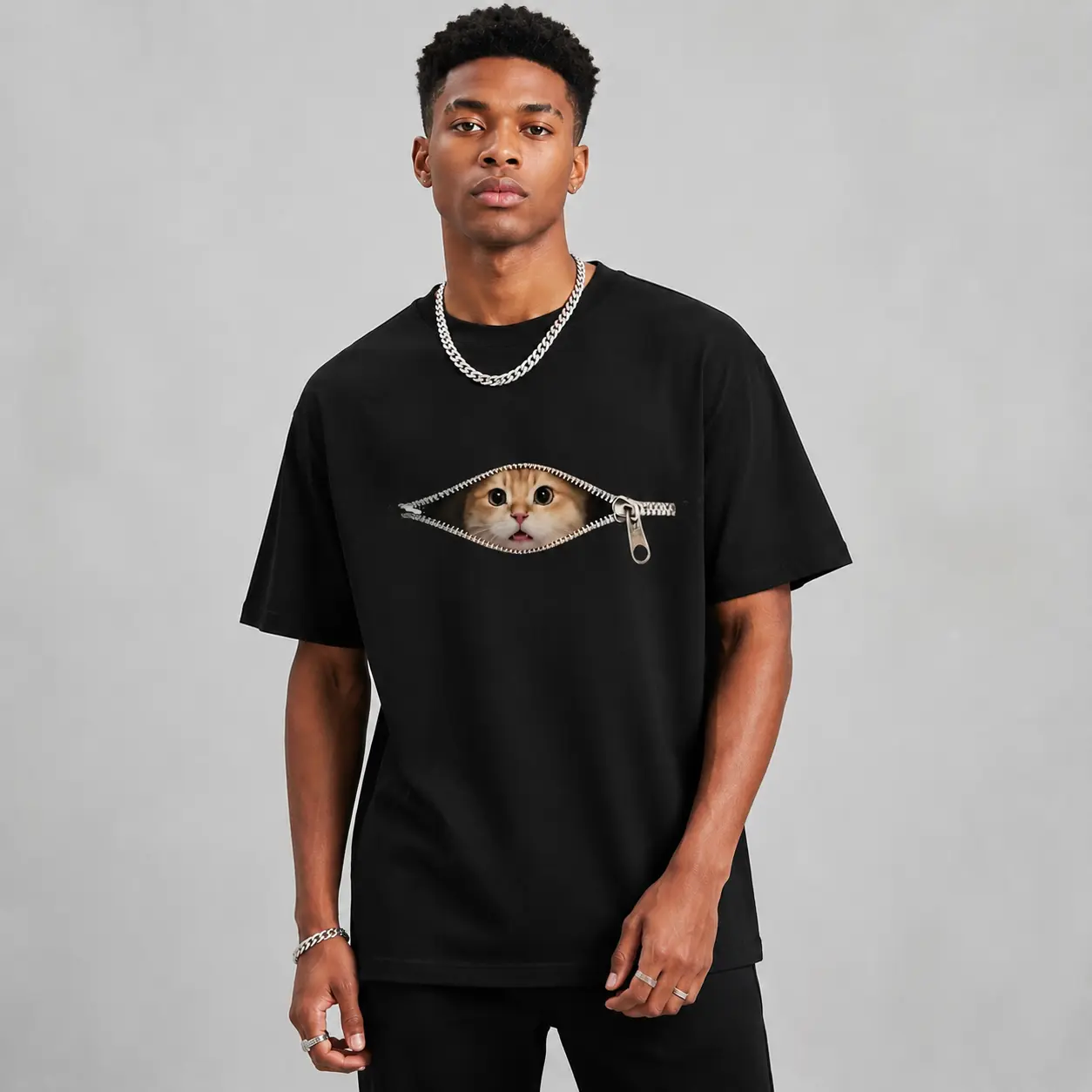 Funny Cat Zipper Illusion Graphic T-Shirt, Women's Casual Crew Neck Streetwear, All Seasons Unisex Garment, Tshirt, Round Neck, Women's Clothes