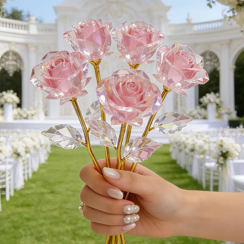 5-Piece Pink Forever Roses with Golden Stems, for Romantic Decor & Gifting