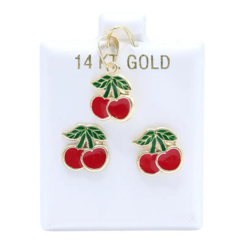 14KT Gold Red Cherries 2-Piece Jewelry Set - Pendant and Screw-On Earrings