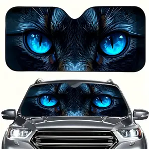 Cute Blue-Eyed Cat Print Car Sunshade, UV Protection, Foldable Polyester, Fits Rvs and Suvs, Front Windshield Protector, Universal Fit