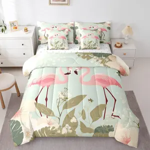 Flamingo 7 Piece Bedding Set,Tropical Hawaii Comforter Set with Sheets, Cherry Blossom Branch Bed in a Bag,Spring Romantic Style Bed Sets