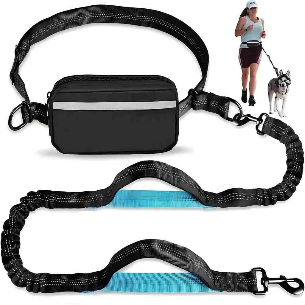 Dog Hands-Free Nylon Leash - Adjustable Waist Belt Lead with 51"-76" Extendable Dual Handle Retractable Bungee, Zipper Walking Pouch, Plain Stress-Free Walking Aid for Medium-Large Dogs (Training, Jogging)