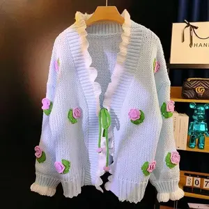 Women's handknitted Cardigan Blue Color 3D pink flowers Cute handmade sweater V-neck floral knitwear cozy outfits