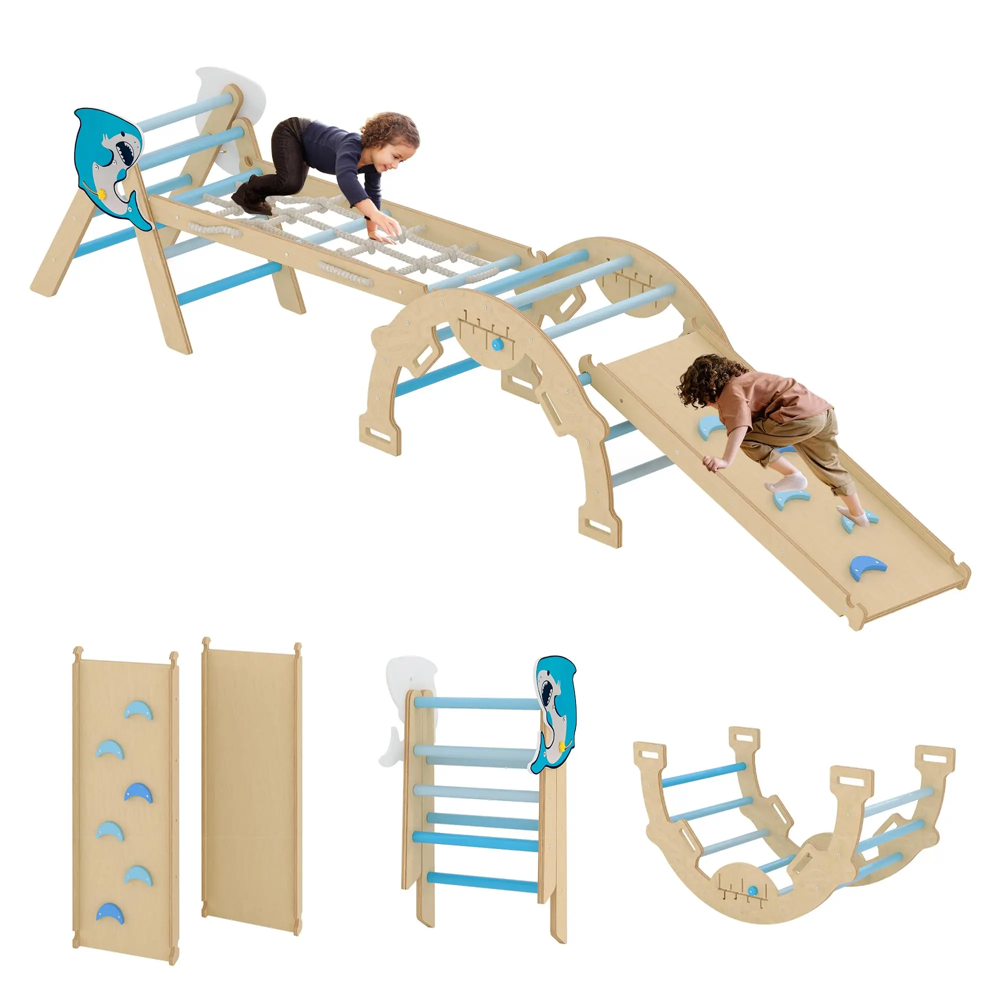 Pikler Triangle Set, 4 in 1 Toddler Climbing Toys Indoor with Ramp, Arch and Ladder, Montessori Climbing Set with Wood Construction, Jungle Gyms for Toddlers 1-3, Baby, Kids, Blue