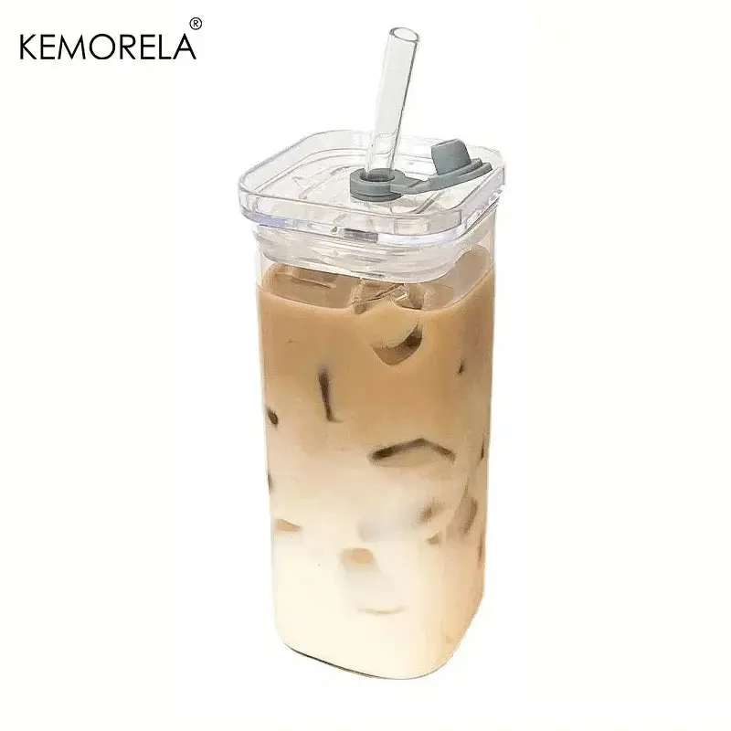 Square Heat-Resistant Glass Cup with Lid and Straw - Ideal for Iced Drinks, Milk Tea, Coffee
