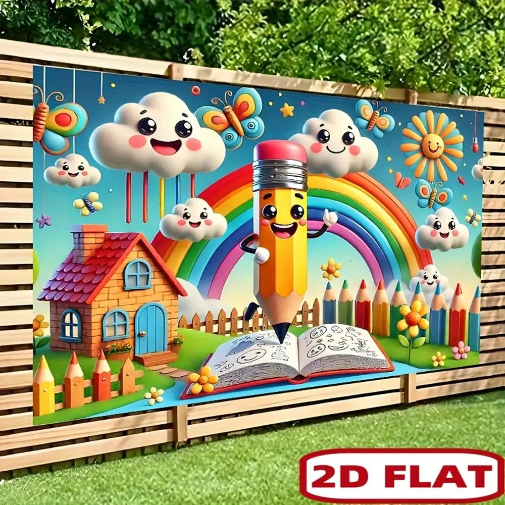 1PC Polyester Reusable 2D Flat Cartoon Rainbow Pencil Book Theme Photo Backdrop, Party Decoration Supplies, Children's Birthday Event Hanging Cloth, Classroom Decor