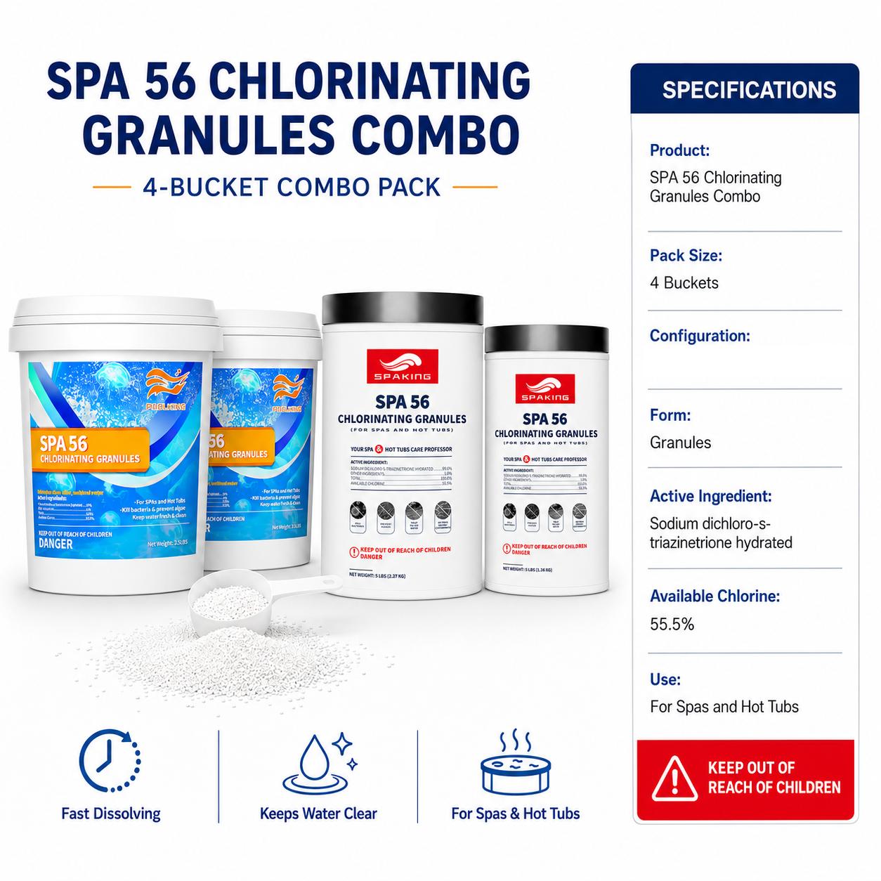 Fast Dissolving Hot Tub Water Clarifier Combo Pack - 4 Multi-Size Buckets (15 lbs Total) Spa Water Maintenance Granules for Hot Tubs/Spa, Maintains Clarity